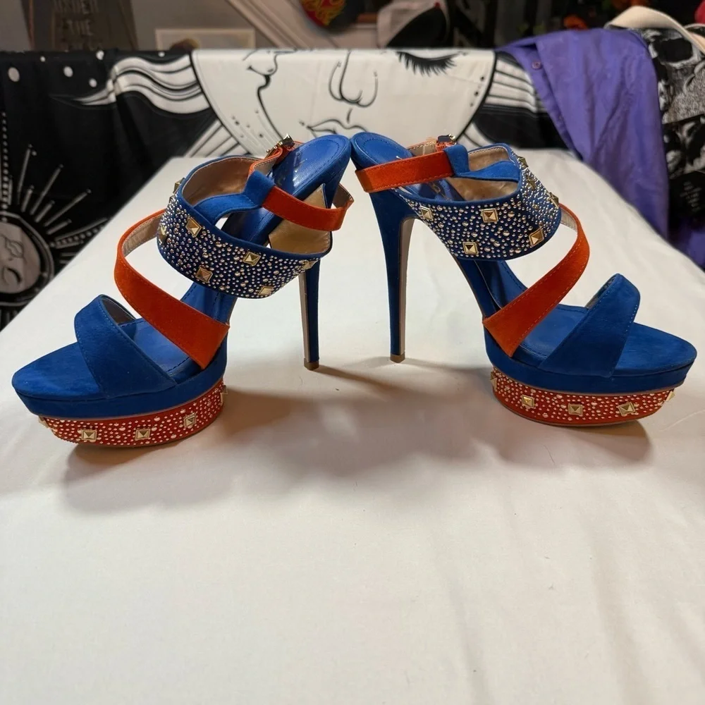 Alba Blue and Orange Studded Platform Heels - Picture 4 of 12